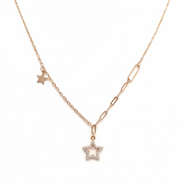 925 Silver & Rose Gold Star Charm Pendant Necklace – Dainty Layered Chain