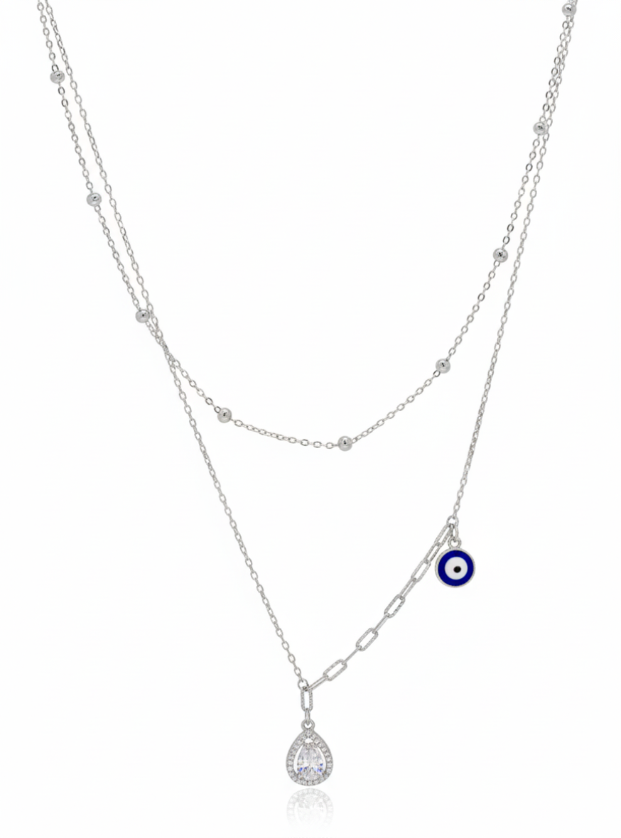 925 Sterling Silver Evil Eye & Teardrop double Layered Necklace with CZ Stones & Silver Beads