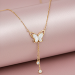 925 Sterling Silver Mother of Pearl Butterfly Necklace with Dual Zircon Drops in rose Gold Finish