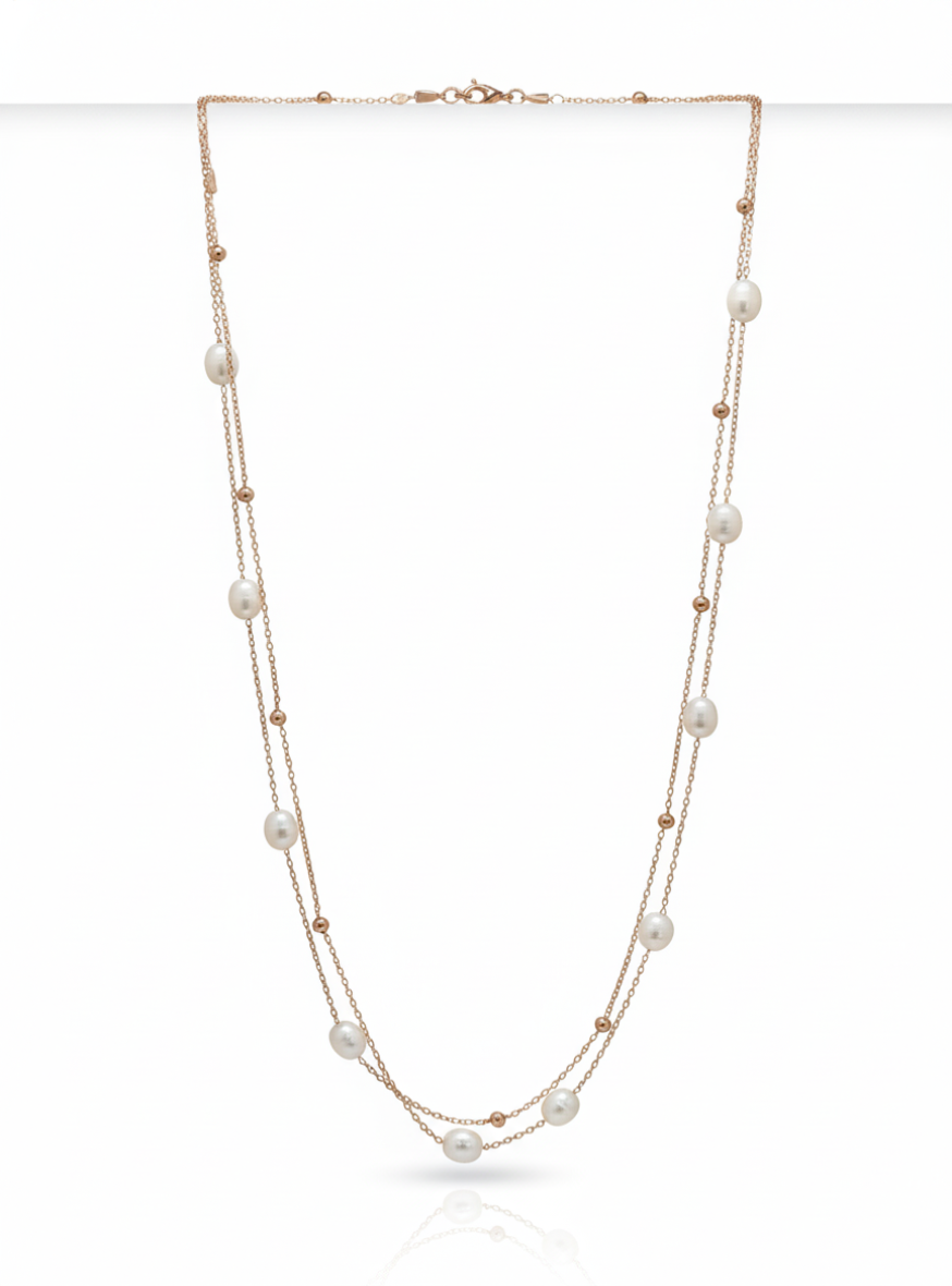 925 Sterling Silver Rose Gold Double Layer Necklace with Freshwater Pearls