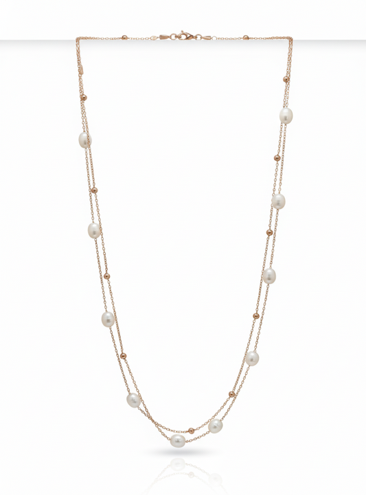925 Sterling Silver Rose Gold Double Layer Necklace with Freshwater Pearls