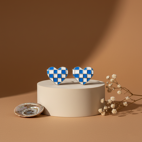 925 Silver Checkerboard Heart Enamel Stud Earrings in Black & White