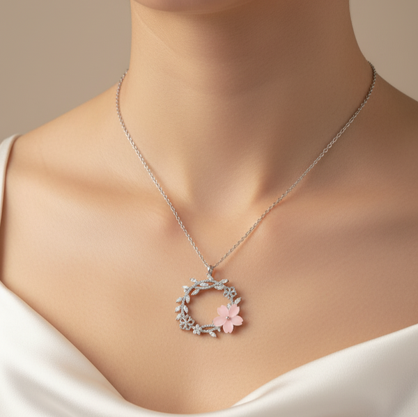 925 Sterling Silver Floral Wreath Pendant Necklace with Pink Blossom & CZ Accents