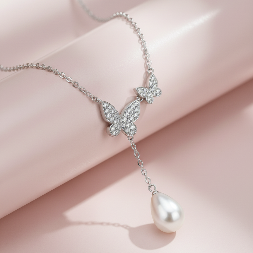 Collana Donna In Argento 925 Con Pendente A Farfalla E Perla, Zirconi. Catena Lunga 45cm, Ideale Come Regalo Di Compleanno O San Valentino.