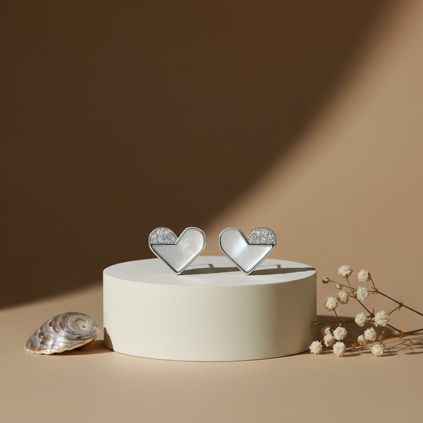 925 Silver Heart Stud Earrings with Mother of Pearl & CZ Accent
