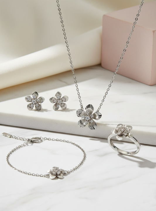 925 Silver Floral Jewelry Set – Necklace, Earrings, Bracelet & Ring(6 no.) with Cubic Zirconia