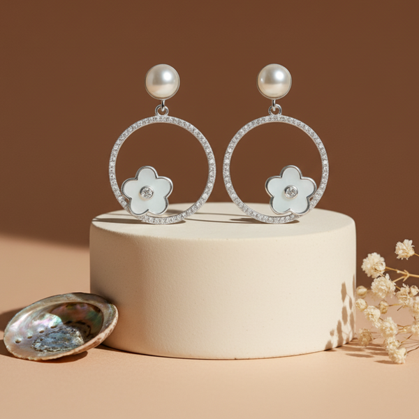 925 Silver Hoop Earrings with Pearl Stud & Enamel Floral Charm
