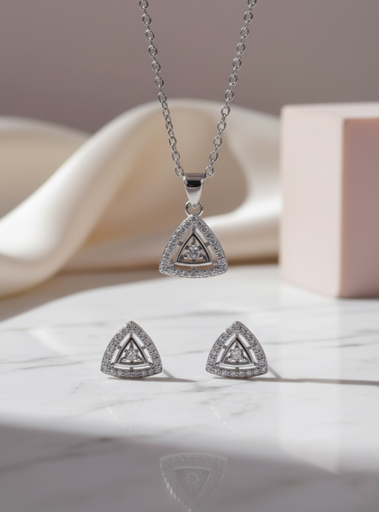 925 Silver Triangular Pendant Necklace & Earrings Set with Cubic Zirconia