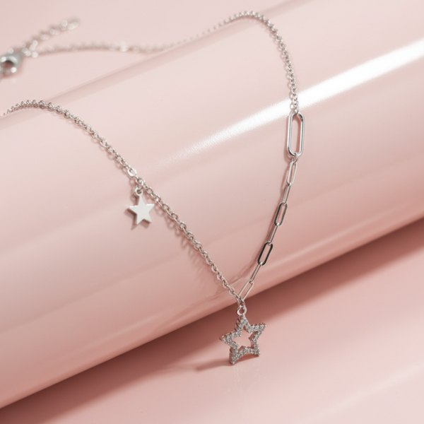 925 Silver & Rose Gold Star Charm Pendant Necklace – Dainty Layered Chain