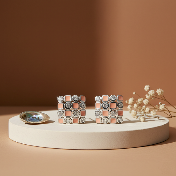 925 Silver Mosaic Stud Earrings with Black Enamel & CZ Accents