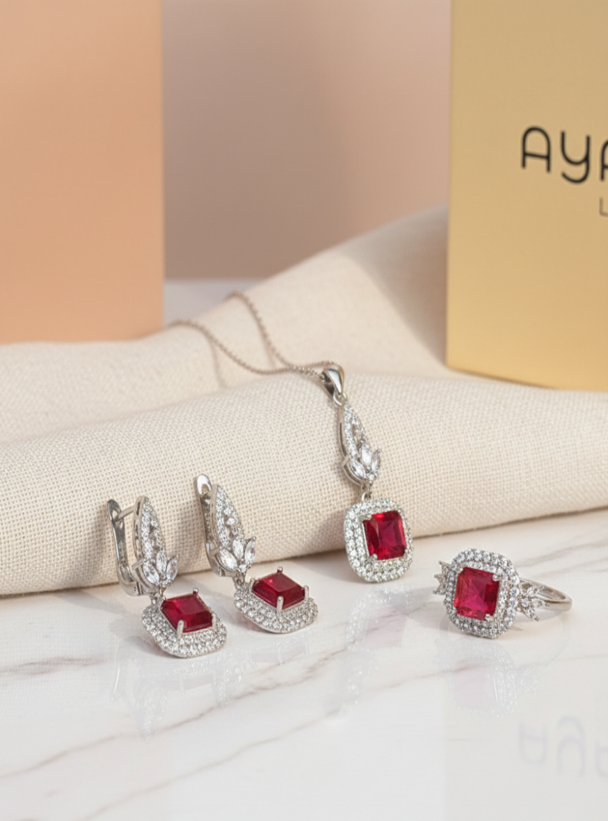 925 Silver Ruby Red Stone Jewelry Set with Pendant Necklace, Earrings & Ring size (  ruby 6 number , sapphire 8 number )