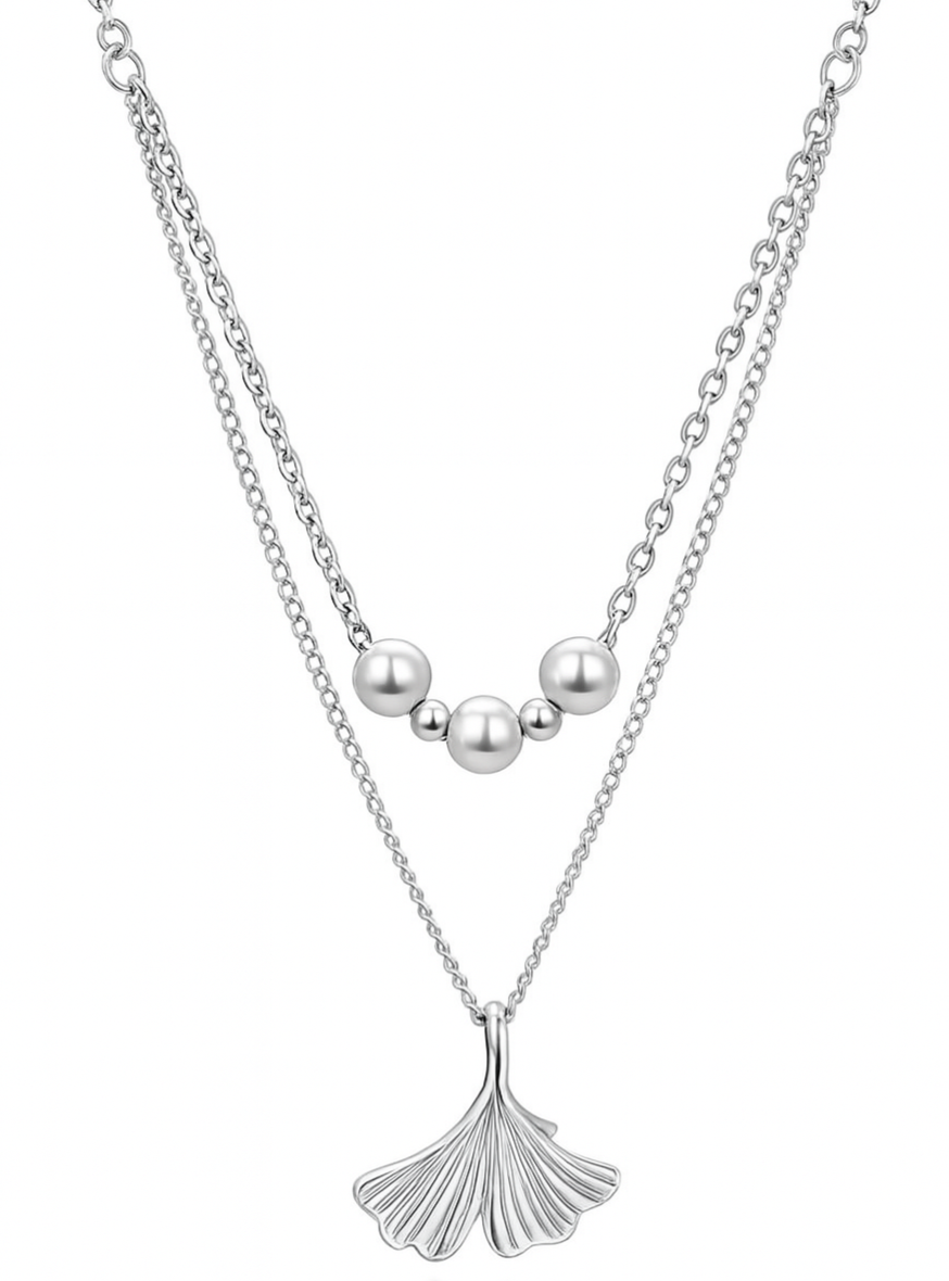 925 Sterling Silver Ginkgo Leaf Pendant Necklace with Dual Chain & Polished Beads