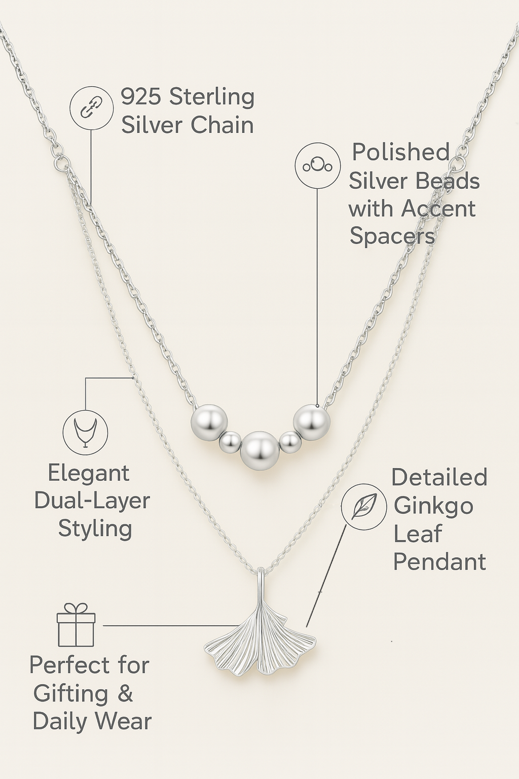 925 Sterling Silver Ginkgo Leaf Pendant Necklace with Dual Chain & Polished Beads