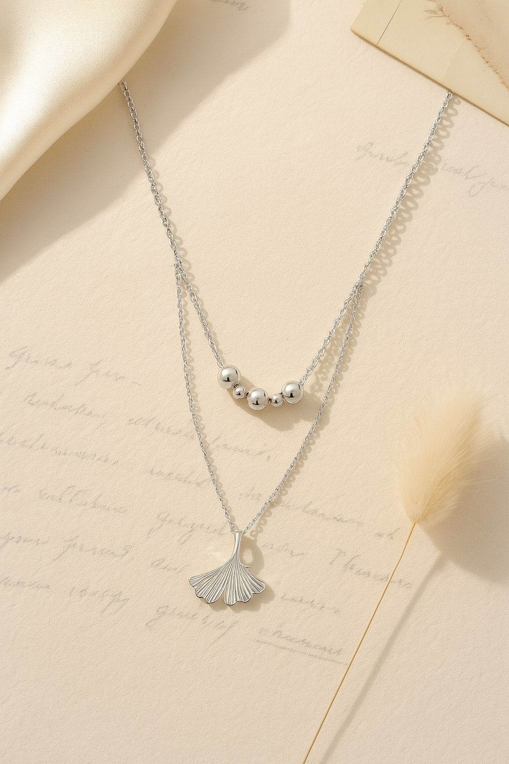 925 Sterling Silver Ginkgo Leaf Pendant Necklace with Dual Chain & Polished Beads