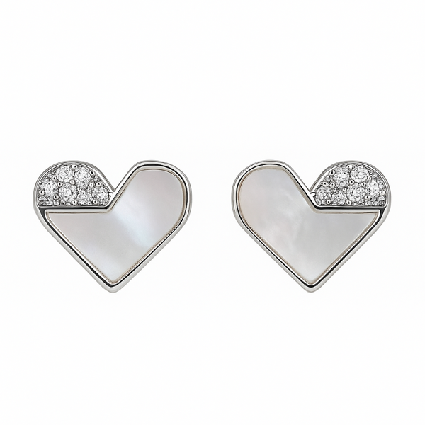 925 Silver Heart Stud Earrings with Mother of Pearl & CZ Accent