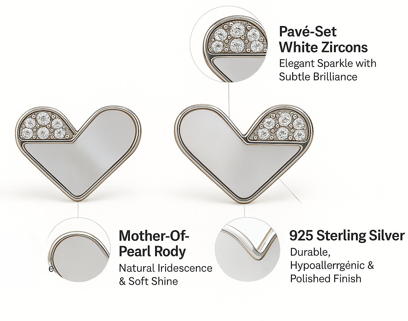 925 Silver Heart Stud Earrings with Mother of Pearl & CZ Accent