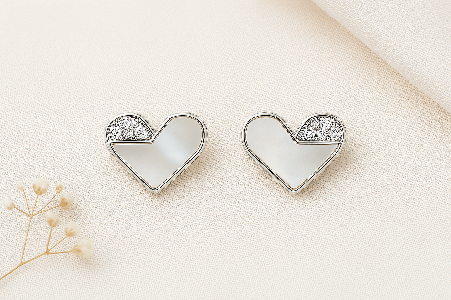 925 Silver Heart Stud Earrings with Mother of Pearl & CZ Accent