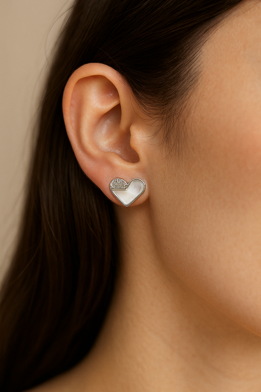 925 Silver Heart Stud Earrings with Mother of Pearl & CZ Accent