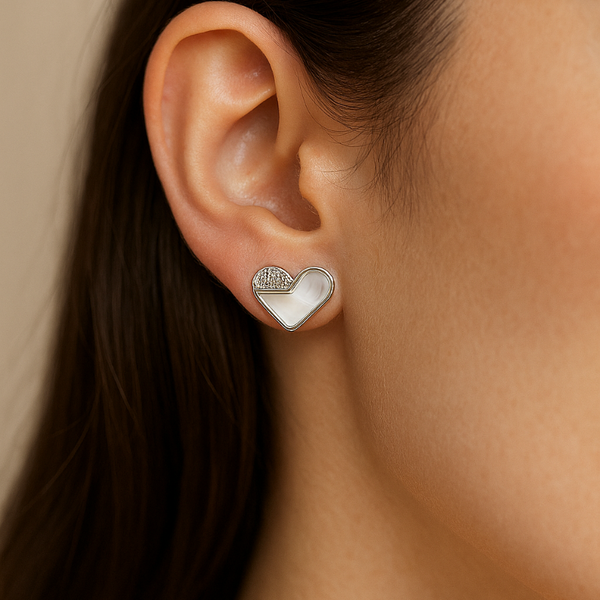 925 Silver Heart Stud Earrings with Mother of Pearl & CZ Accent