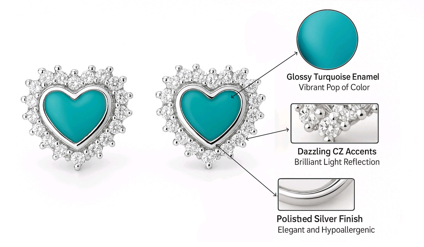 925 Sterling Silver Heart Stud Earrings with Turquoise Enamel & CZ Halo