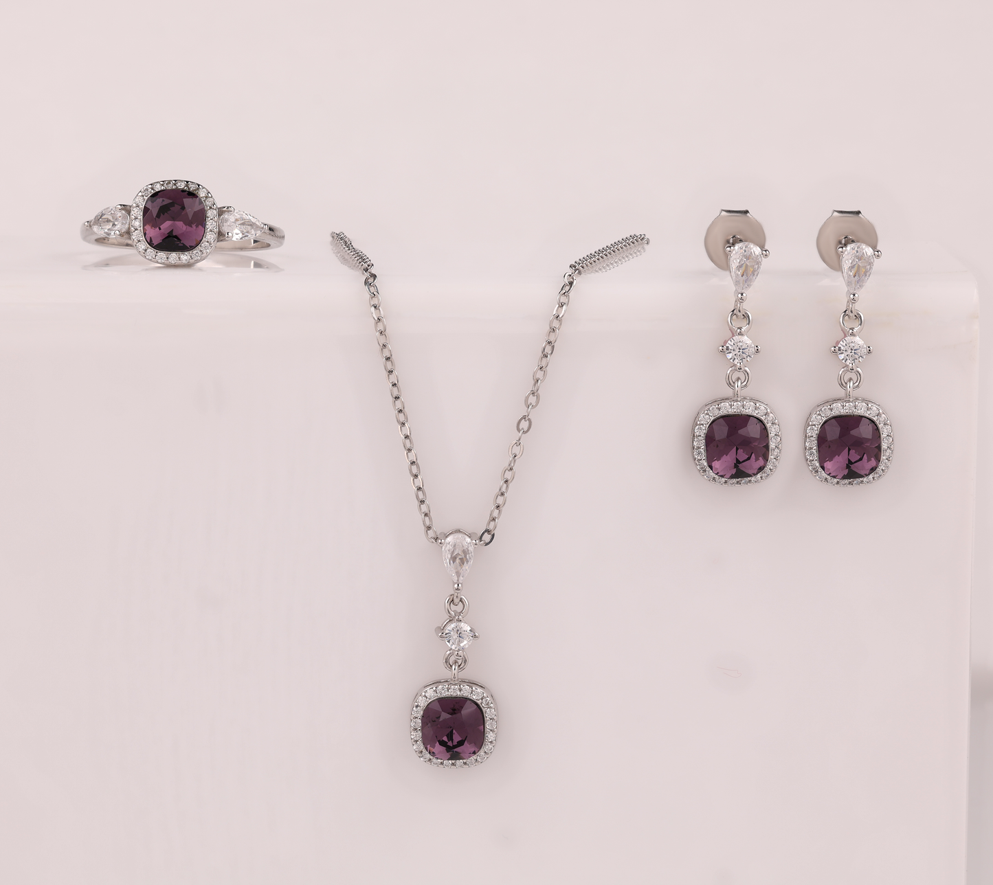 925 Silver Purple Stone Jewelry Set – Earrings, Pendant Necklace & Ring ( 8 .no )