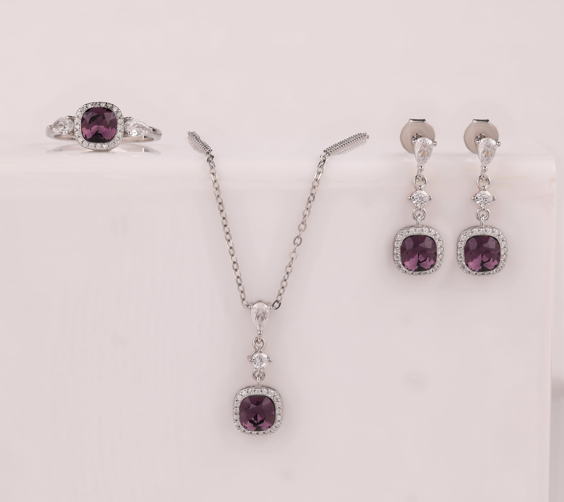 925 Silver Purple Stone Jewelry Set – Earrings, Pendant Necklace & Ring ( 8 .no )