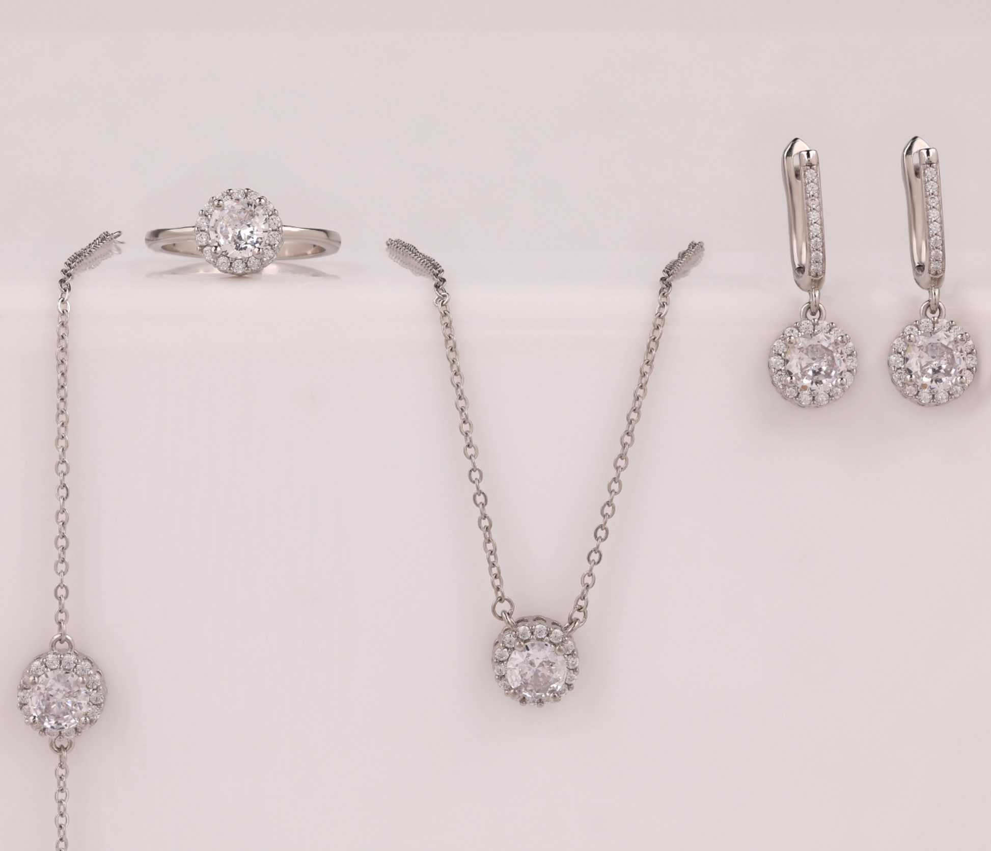 925 Silver Round Halo CZ Jewelry Set – Earrings, bracelet ,  Pendant Necklace & Ring ( 8 .no )