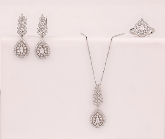 925 Silver Pear-Shaped CZ Jewelry Set – Earrings, Pendant Necklace & Ring ( 6 .no )