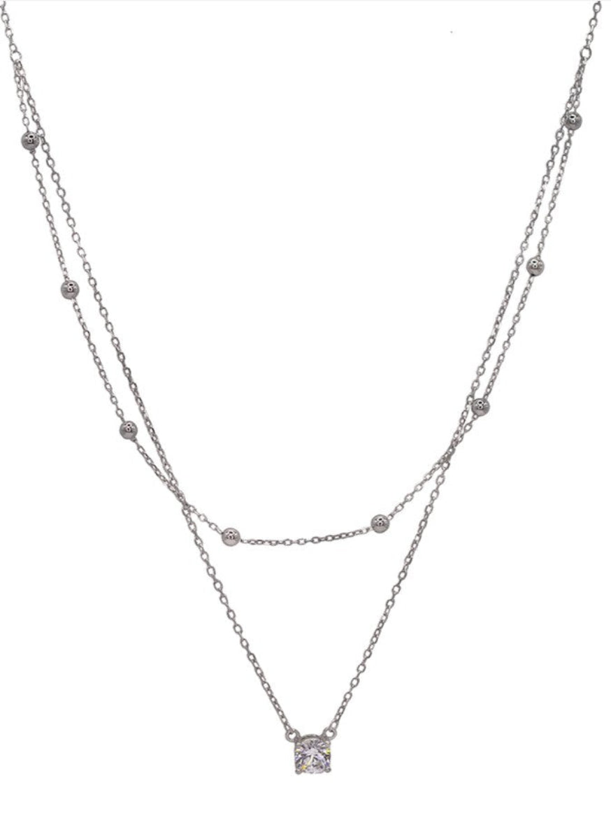 925 Sterling Silver Double Layer Necklace with Solitaire Pendant & Silver Beads