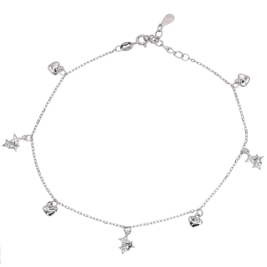 925 Sterling Silver Star & Heart Charm Anklet with Sparkling Zircon – Elegant Adjustable Chain