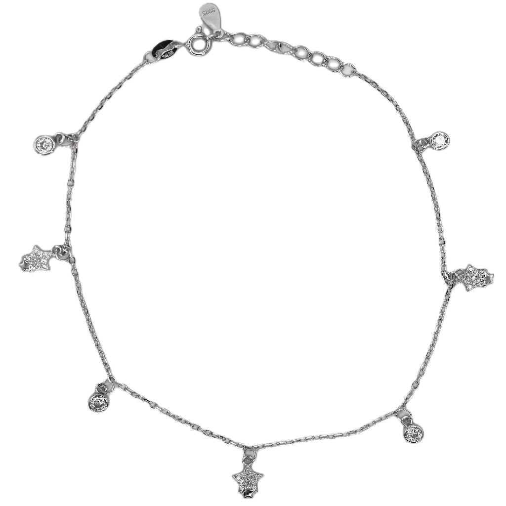 925 Sterling Silver Star & Solitaire Charm Anklet – Adjustable Chain Foot Jewelry for Women