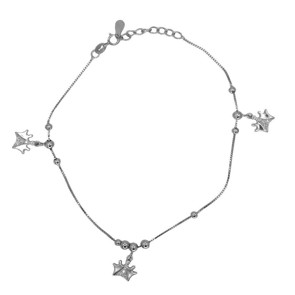 925 Silver Crown Charm Anklet with CZ Accents – Adjustable Beaded Chain Foot Bracelet (single)