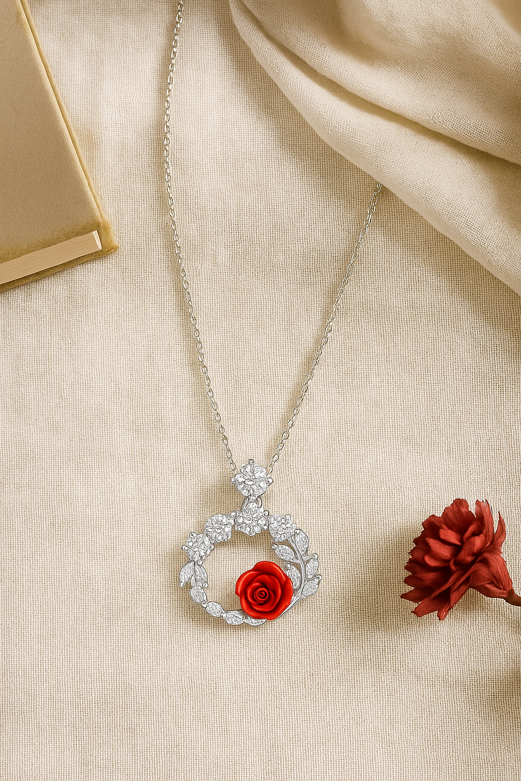 925 Sterling Silver Red Rose Pendant Necklace with CZ Floral Wreath Design