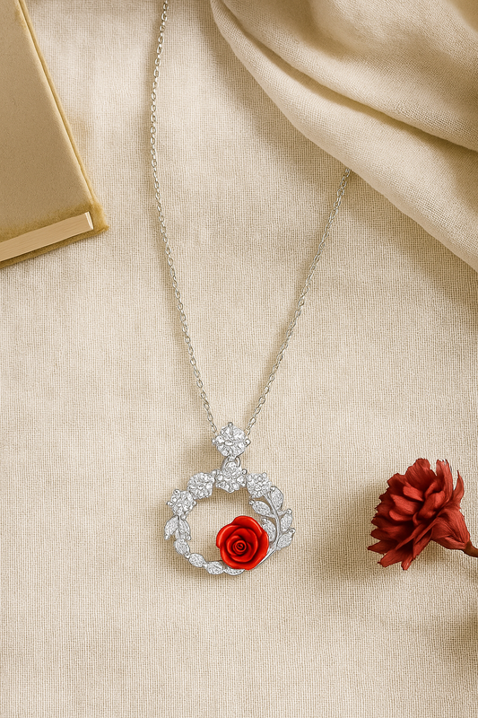 925 Sterling Silver Red Rose Pendant Necklace with CZ Floral Wreath Design
