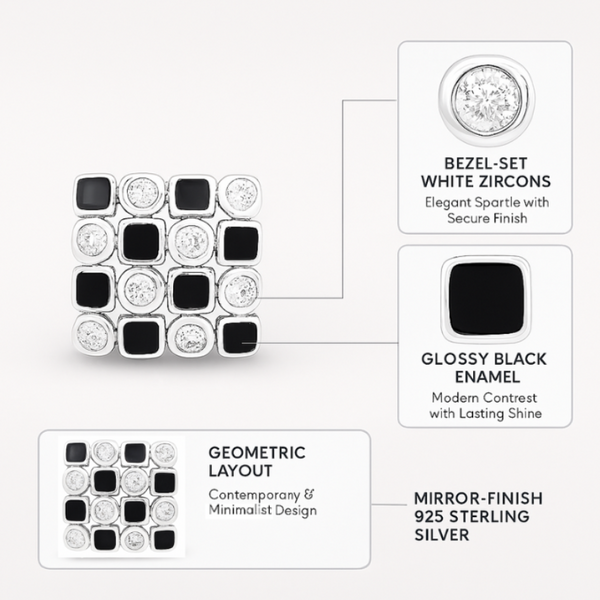 925 Silver Mosaic Stud Earrings with Black Enamel & CZ Accents