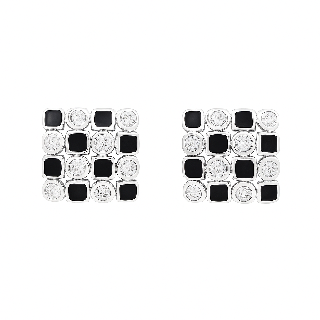 925 Silver Mosaic Stud Earrings with Black Enamel & CZ Accents