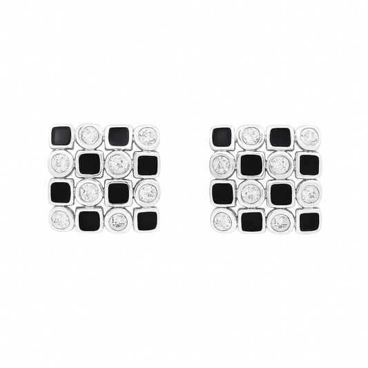 925 Silver Mosaic Stud Earrings with Black Enamel & CZ Accents
