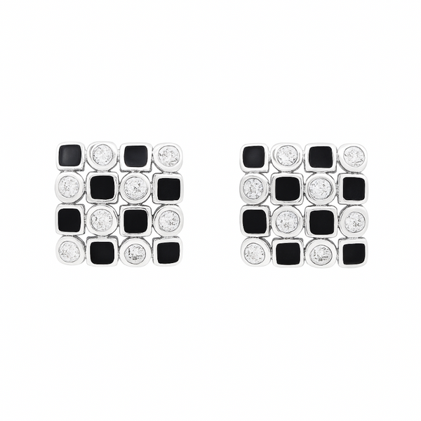925 Silver Mosaic Stud Earrings with Black Enamel & CZ Accents