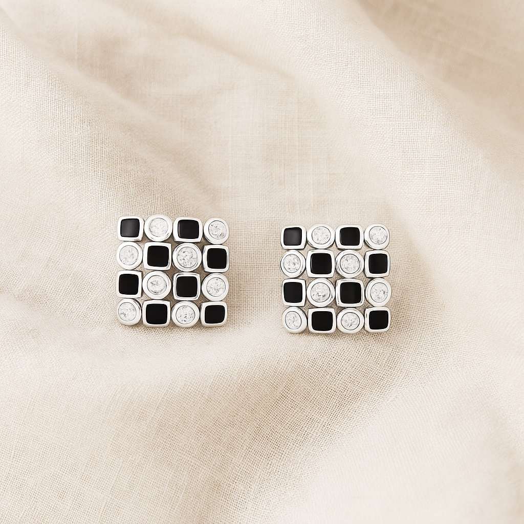 925 Silver Mosaic Stud Earrings with Black Enamel & CZ Accents