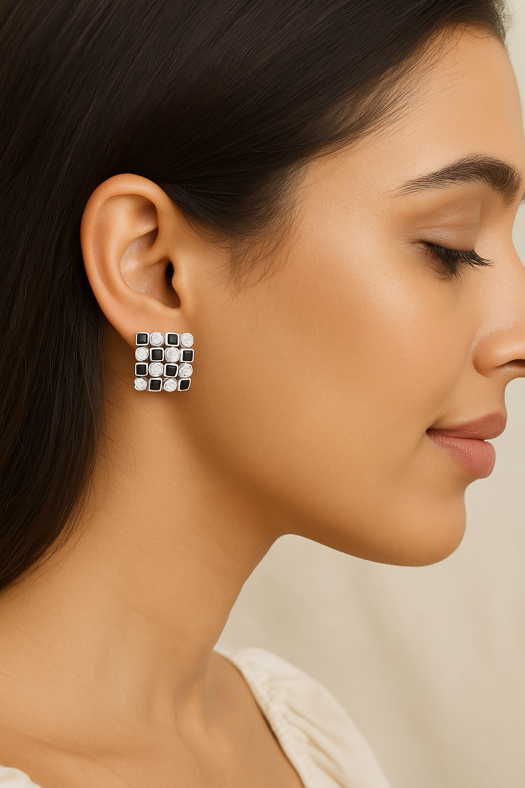 925 Silver Mosaic Stud Earrings with Black Enamel & CZ Accents