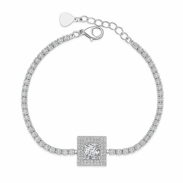 925 Silver Tennis Bracelet with Princess-Cut CZ Center & Adjustable Chain