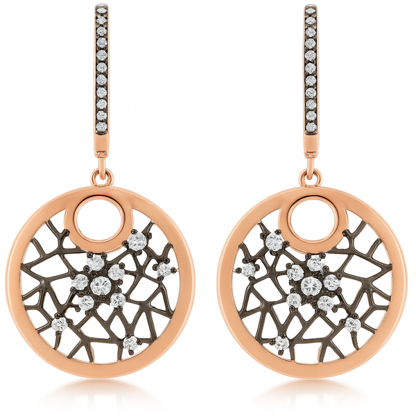 925 Sterling Silver Rose Gold Drop Earrings with Web-Inspired Openwork & CZ Accents