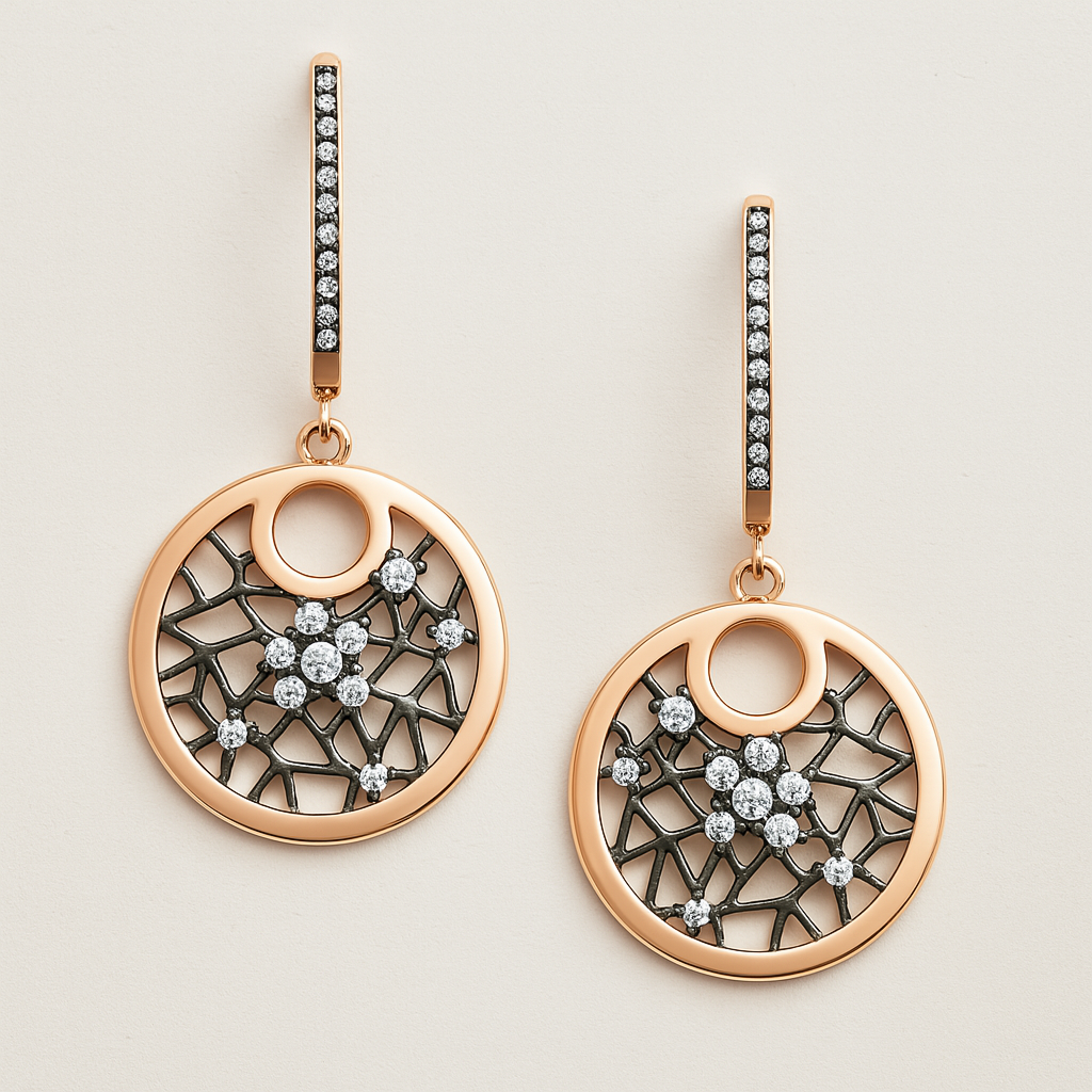 925 Sterling Silver Rose Gold Drop Earrings with Web-Inspired Openwork & CZ Accents