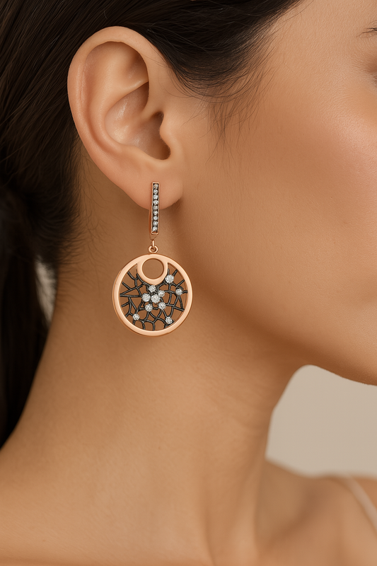 925 Sterling Silver Rose Gold Drop Earrings with Web-Inspired Openwork & CZ Accents