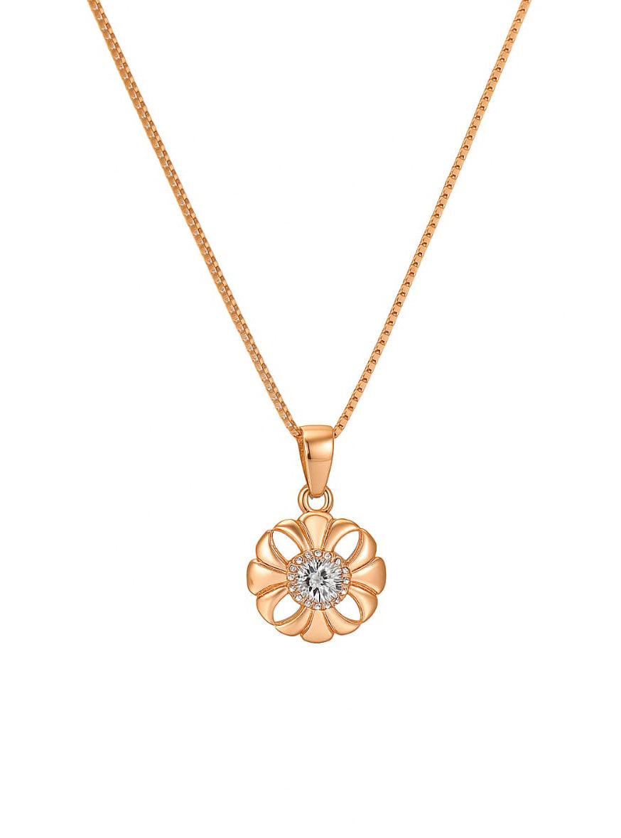 925 Sterling Silver Floral Pendant Necklace in Rose Gold Finish with CZ Center