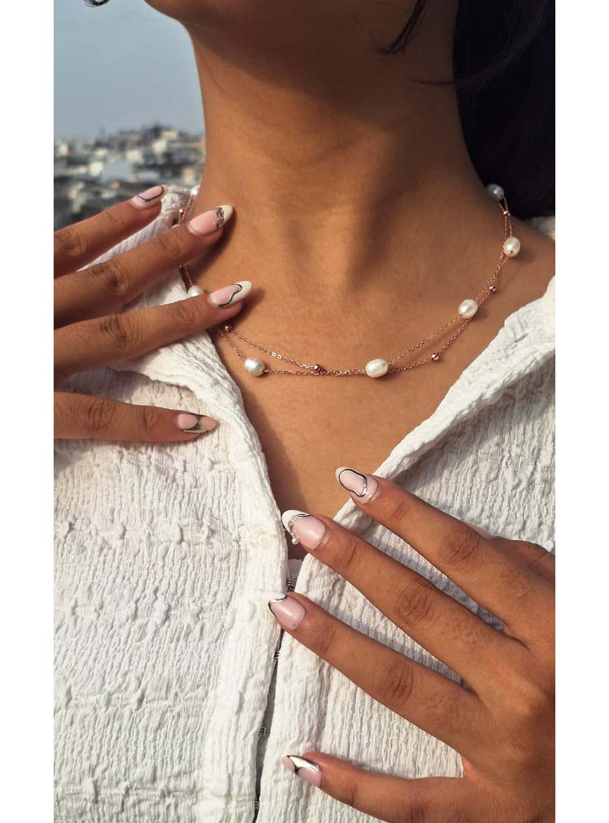 925 Sterling Silver Rose Gold Double Layer Necklace with Freshwater Pearls