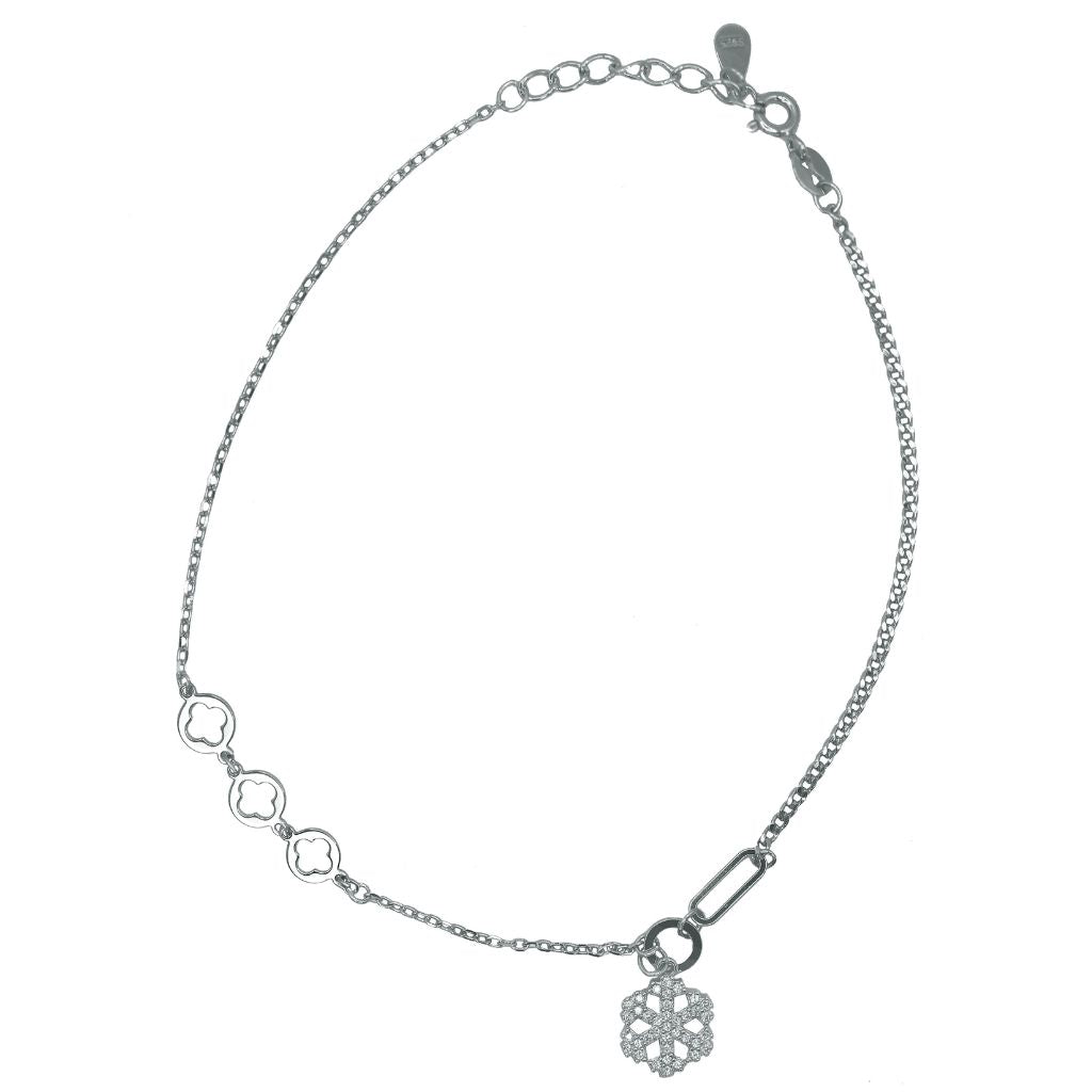 925 Silver Clover Link & CZ Pendant Anklet β Elegant Adjustable Sterling Silver Chain