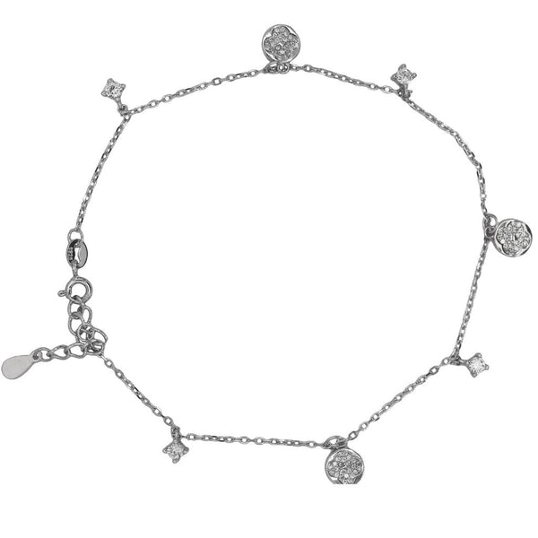 925 Silver Round & Four-Point Floral Charm Anklet with CZ Accents – Adjustable Chain (single)