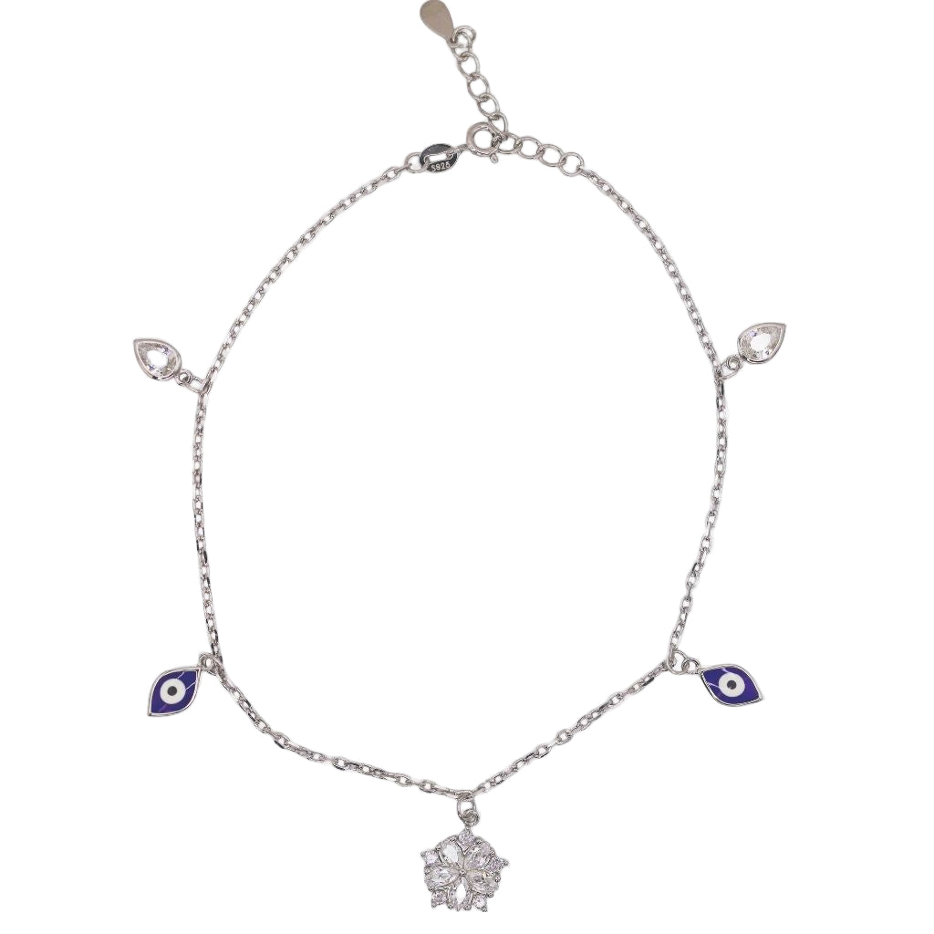 925 Silver Evil Eye Anklet with Zircon Teardrop Charms & Floral Centerpiece (single)