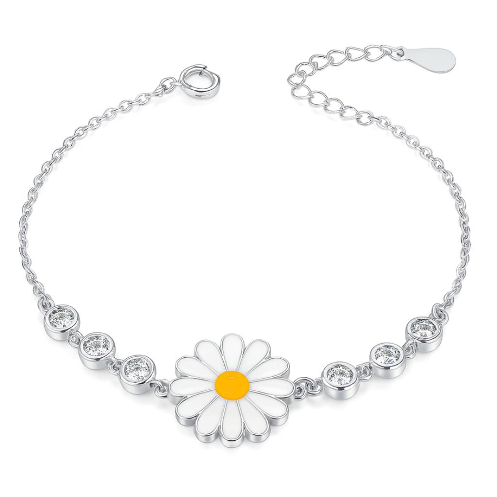 925 Silver Daisy Flower Bracelet with White Petals & CZ Beads